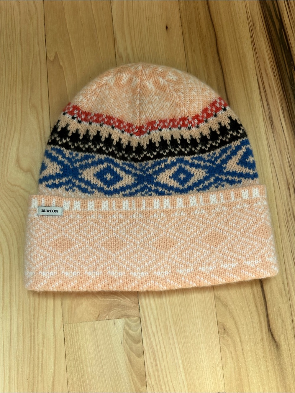 Burton Peach Knit Beanie with Blue and Black Fair Isle